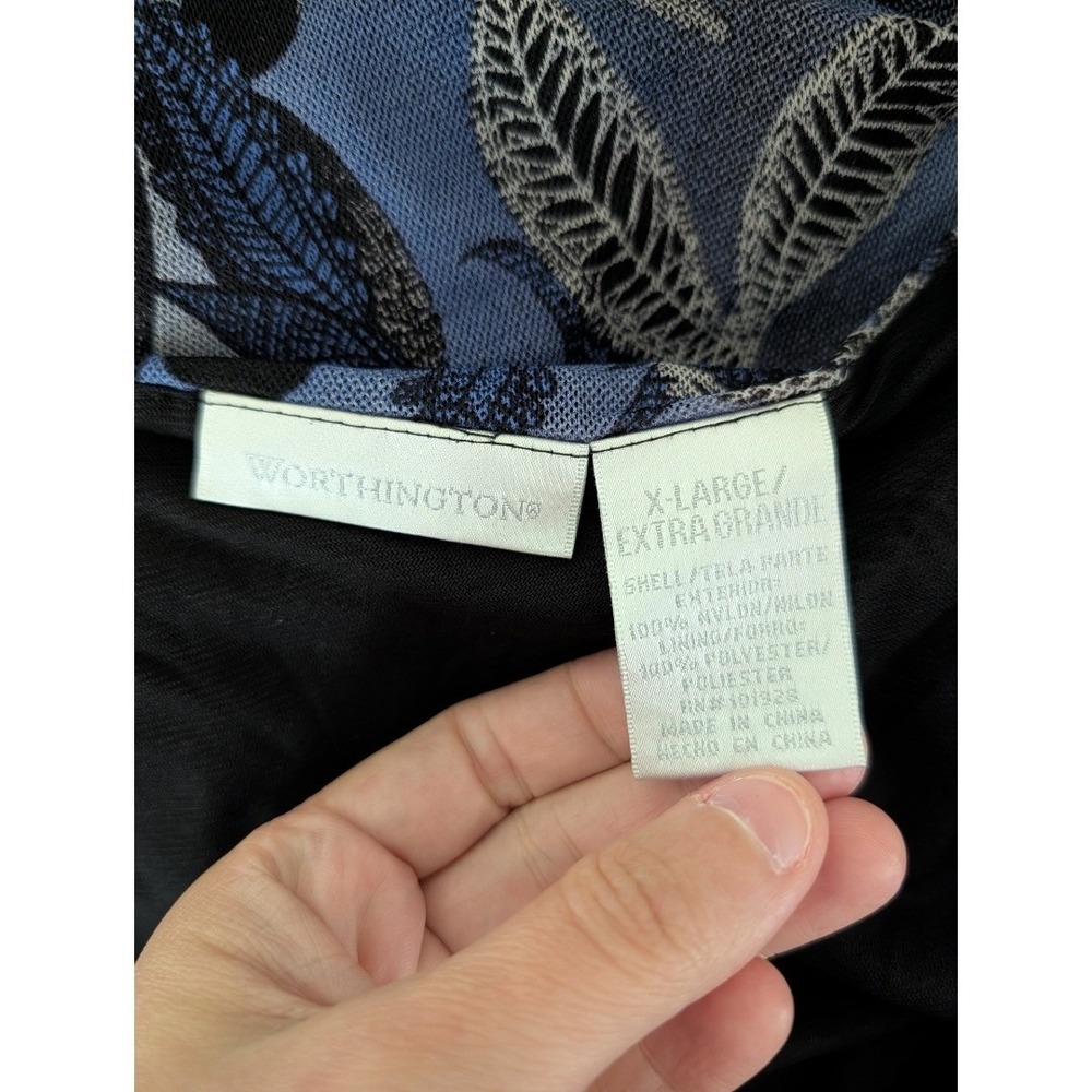 Worthington Blouse Women XL Blue Floral V-Neck 3/4 Bell Sleeve Mesh Lined Top - Picture 8 of 10